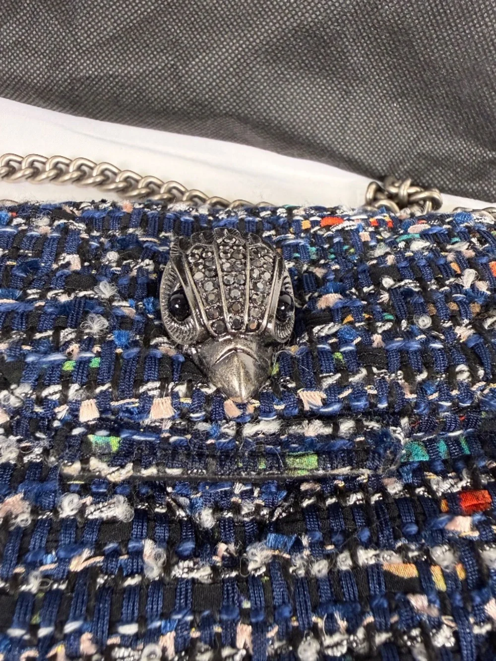 Kurt Geiger London Kensington Blue Multicolor Tweed Eagle Chain Bag
